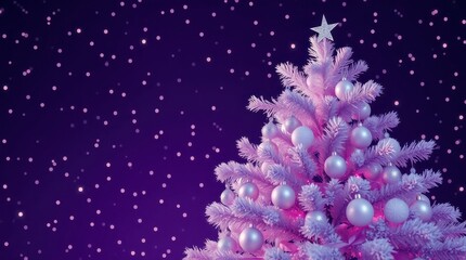 Colorful Christmas tree with white ornaments sparkling against a purple background during the holiday season