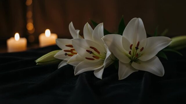 White lily flowers with flickering candles in a dark, solemn setting. A memorial arrangement for a funeral service. Sympathy and remembrance concept