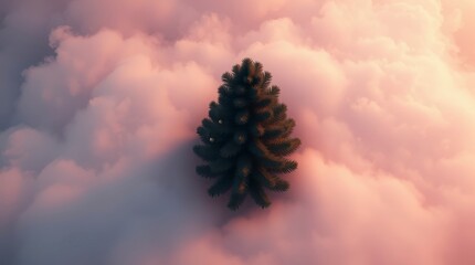 Majestic pine tree stands alone in a sea of soft clouds during a serene sunset