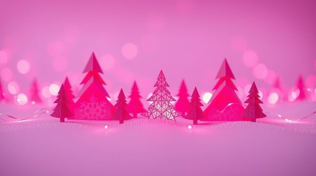 Colorful pink winter landscape with decorative paper trees and soft lighting creates a vibrant holiday atmosphere