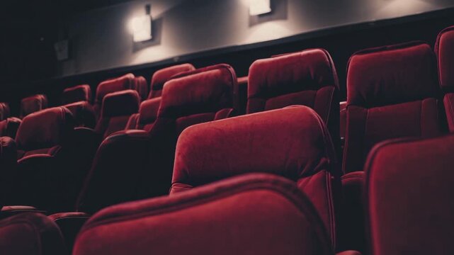 closeup red velvet cinema seats showcase plush comfort and ornate upholstery; soft ambient lights accentuate texture and armrests, creating cozy upscale interior perfect for VIP screening or boutique
