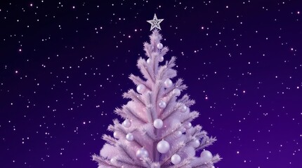 Colorful Christmas tree with silver ornaments and star on top, set against a starry night sky, bringing festive cheer