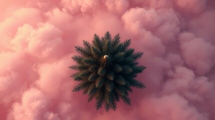 Clouds surround a tall pine tree in a dreamy pastel sky during the golden hour of sunset