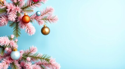 Brightly decorated pink Christmas tree with colorful ornaments against a light blue background