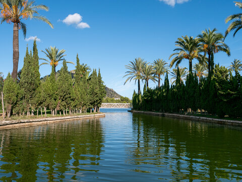 A tranquil green canal flanked by cypress and palm trees leading to a distant white pedestrian bridge. - Powered by Adobe