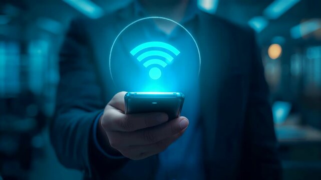 Man holding a smartphone with glowing blue wireless signal hovering above the screen, creating a modern tech scene focused on connectivity and communication