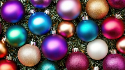 Colorful Christmas ornaments in various sizes and finishes arranged on green pine branches.