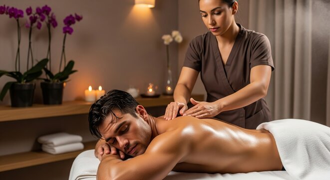 Handsome man enjoying a professional deep tissue back massage from a female therapist for stress relief and muscle relaxation in a serene, luxurious wellness spa - Powered by Adobe