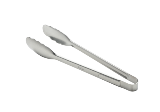 Sleek, polished stainless steel kitchen tongs, flat paddle and two-pronged grip, diagonally on transparent background, copy space, concept of modern utility