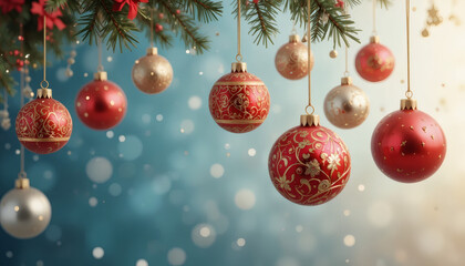 3D render of Christmas ornaments hanging over soft gradient background, elegant composition