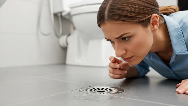 Woman smelling a bad odor from a bathroom floor drain. Concerned homeowner checking for a clogged sewer or plumbing problem. Household maintenance concept