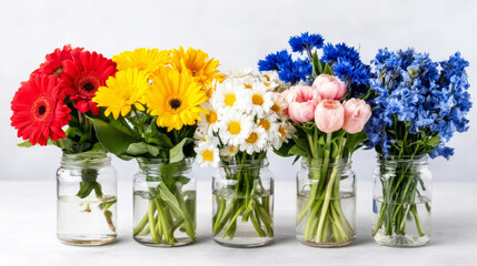 Fototapeta premium Colorful blossoms arranged in glass cups, creating a whimsical floral display with vibrant hues and airy atmosphere, perfect for cheerful decor