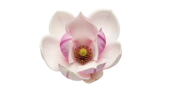 Closeup of a delicate magnolia flower, showcasing its soft pink petals, intricate stamen, and graceful form, capturing the essence of springs beauty and renewal
