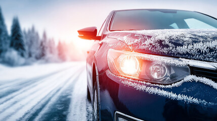 Frost crystals adorn the windshield of a car, illuminated by soft morning light, creating an ethereal winter atmosphere with gentle shadows