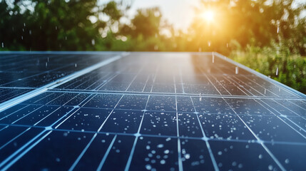 Cleaning process with water spray over solar modules, closeup motion and clarity concept