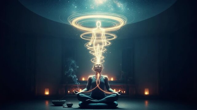 A person in deep meditation with spiritual energy rising from their body. Kundalini awakening and astral projection concept. Visualizing enlightenment and higher consciousness