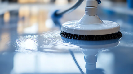 Closeup of circular motion cleaning on reflective table, soft tones, aesthetic hygiene and interior harmony