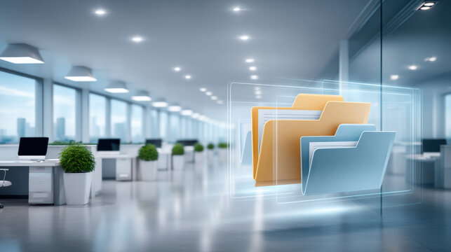 Digital folder and data security concept in modern office showing transparent file folders and glowing protection symbol conveying trust and safety