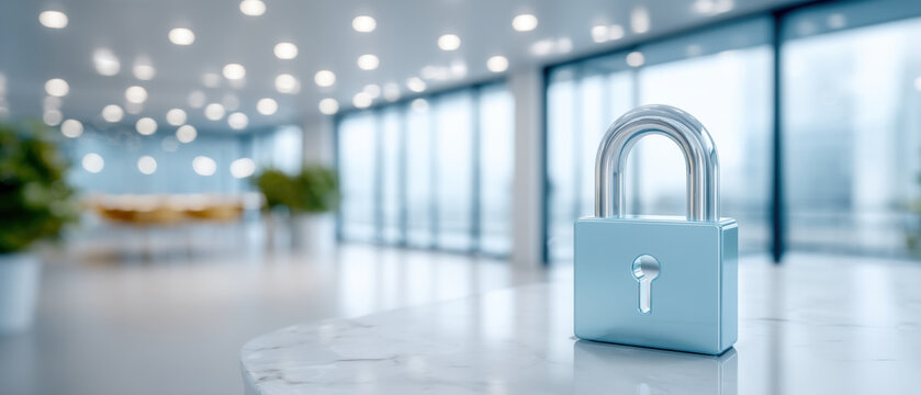 Secure blue padlock on marble desk symbolizes data security and office privacy in modern corporate environment with soft bokeh lights