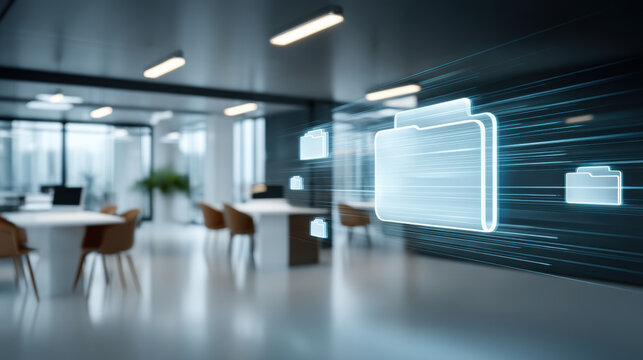 Digital folder icons racing through modern office space highlighting data security and fast file transfer with blurred desks and chairs