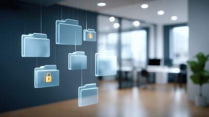 Secure digital folder data security concept showing glowing folder icons with padlock overlay in modern office environment