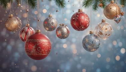 3D render of Christmas ornaments hanging over soft gradient background, elegant composition