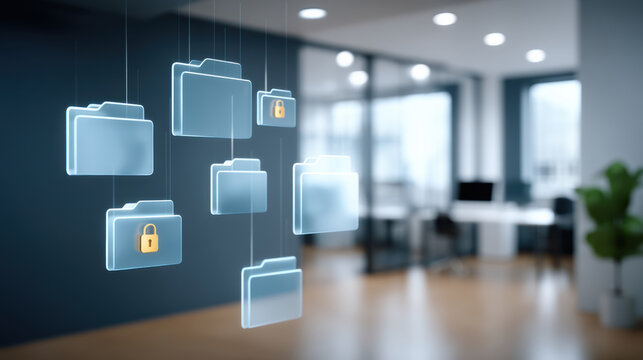 Secure digital folder data security concept showing glowing folder icons with padlock overlay in modern office environment