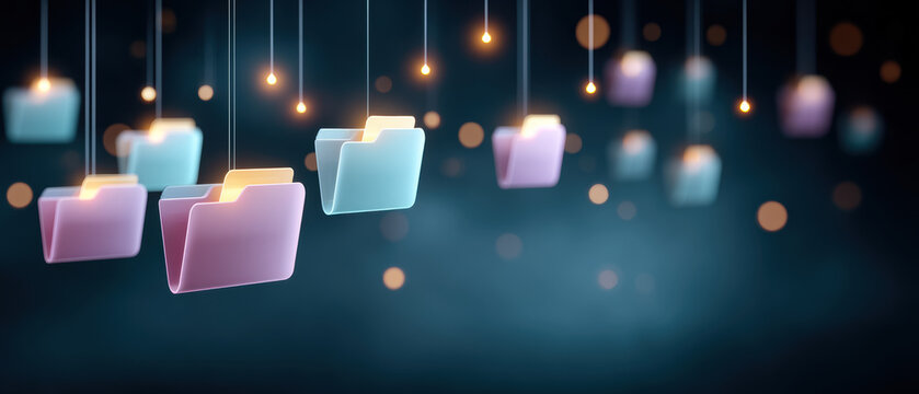 Secure cloud folder concept with glowing hanging folders data security and digital file organization in soft blue and purple light