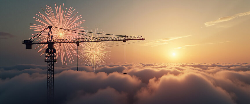 Crane silhouetted against fireworks and sunset above the clouds