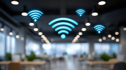 Wireless icon floating over modern office workspace conveying data security and seamless connectivity in bright collaborative environment