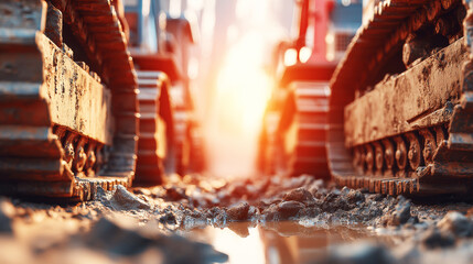 Highway maintenance vehicles smoothing muddy road under cloudy sky, showcasing machinery in action with a high key light and airy atmosphere