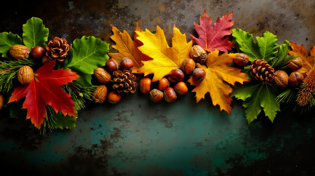 A close-up photograph of a collection of autumn leaves and nuts arranged in a decorative manner