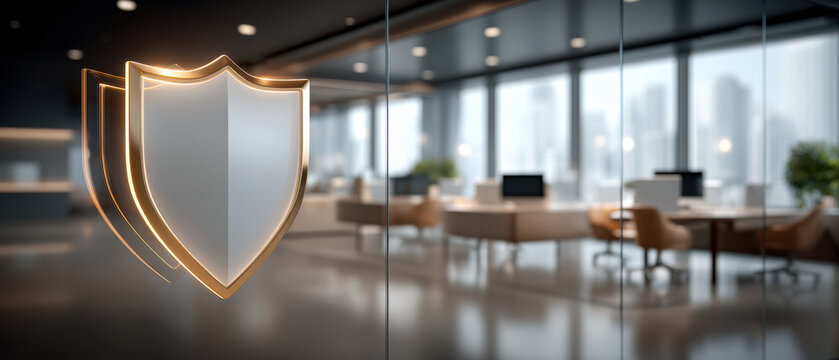 Modern office shield icon data security concept protecting workspace and confidential information with sleek gold outline evoking trust and calm