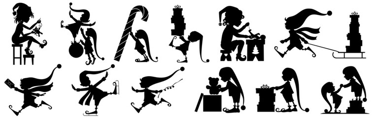 Silhouette bundle of Christmas elves. Santa’s little helpers making toys and wrapping gifts for winter holidays,  and long hats.