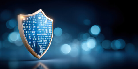 Digital shield with binary code protecting network data security in blue bokeh light background conveying cyber protection and trust