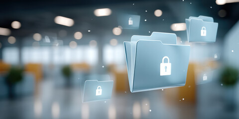 Secure digital folder protecting sensitive data and security in blurred office environment conveying privacy and cloud protection