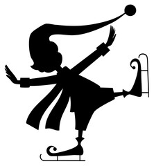 Christmas elf silhouette ice skating. elf wearing a scarf and a long hat glides across the ice, enjoying the winter fun and Christmas atmosphere.