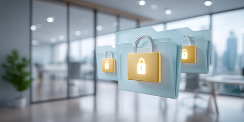 Secure folder icons float in modern office symbolizing data security and encrypted file protection