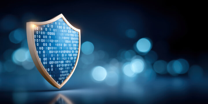 Digital shield with binary code protecting network data security in blue bokeh light background conveying cyber protection and trust