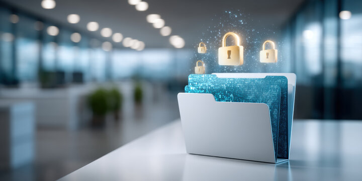Secure digital file folder protecting sensitive data and security with glowing locks conveying privacy and encrypted information modern office