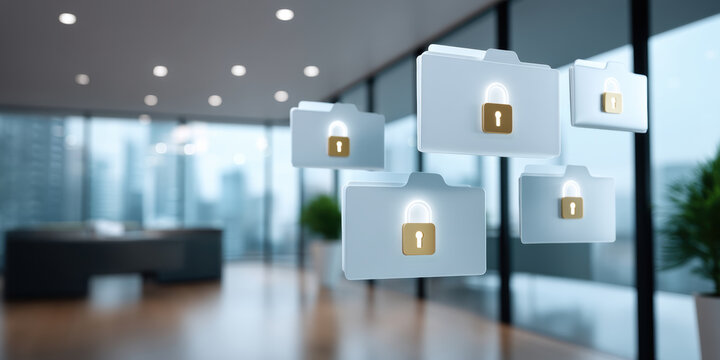 Secure folder icon floating in modern office with padlock data security and privacy protection for cloud storage and corporate network safety