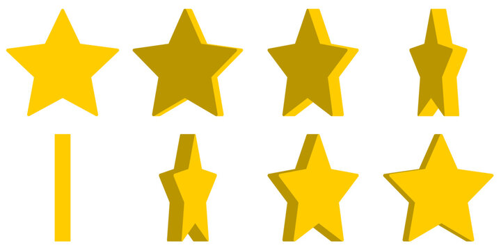 Basic 8-frame Sprite Sheet Set of Rotating 3D Style Shaded Cute Golden Star Sign Symbol Icon for Game and App UI Animation. Vector Image.