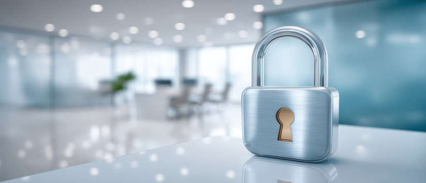 Secure metal padlock on office desk symbolizing data security and corporate privacy in modern workplace with soft bokeh light and cool blue tones