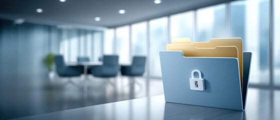 Secure file folder on office desk conveying data security and privacy protection with padlock icon and blurred meeting room background