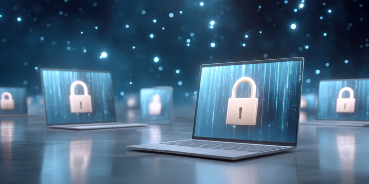 Secure laptop with padlock icon data security visual protection glowing backdrop evoking trust and network safety