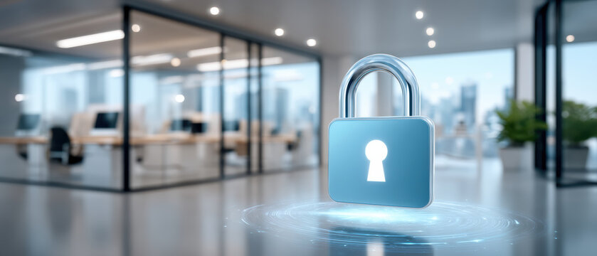Secure blue padlock hovering over office floor with keyhole glowing representing data security and network protection in modern workspace