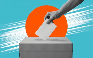 stylized illustration of hand voting in ballot box, political election and democracy concept, modern civic participation art
