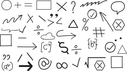 Assorted mathematical symbols and geometric shapes, doodles, and design elements for educational or creative projects