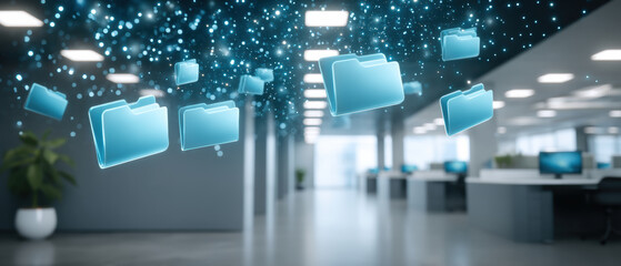 Cloud folder data security concept in modern office showing floating digital file folder icons protecting information with glowing particles