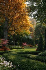 Beautiful autumn garden with vibrant foliage and neat hedges